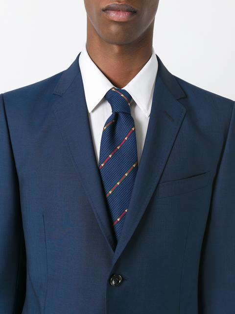 Gucci Silk Wool Tie With Bee Web Stripe In Blue Silk Wool | ModeSens