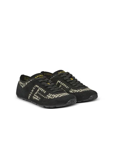 Balmain Racer 45 Monogram Jacquard Lace Up Sneakers In Black
