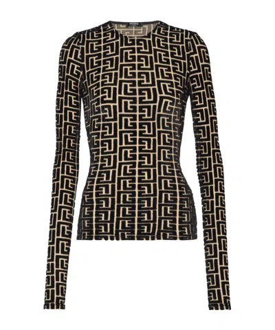 Balmain Monogram Velvet Top Fitted Long Sleeves In Black