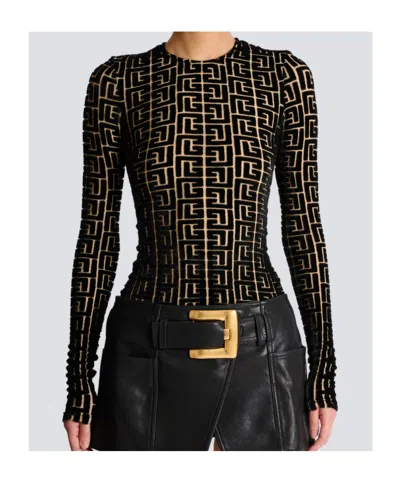 Balmain Monogram Velvet Top Fitted Long Sleeves In Black