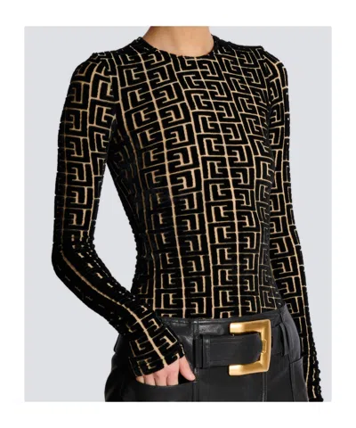 Balmain Monogram Velvet Top Fitted Long Sleeves In Black
