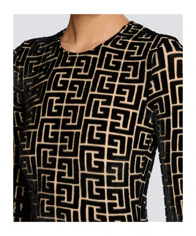 Balmain Monogram Velvet Top Fitted Long Sleeves In Black