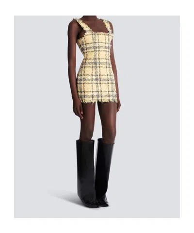 Balmain Check Paillette Tweed Sleeveless Mini Dress In Brown