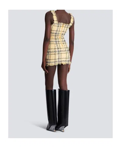 Balmain Check Paillette Tweed Sleeveless Mini Dress In Brown