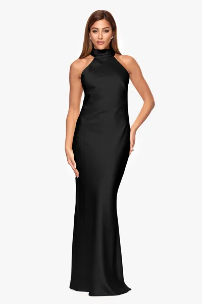 Xscape Evenings Halter Neck Satin Sheath Gown In Black