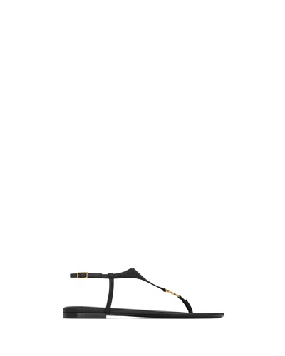 Saint Laurent Smooth Leather Cassandra Triangular Upper Flat Sandals Shoes In Multi