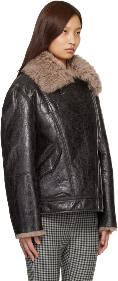 Acne Studios Brown Leather Shearling Jacket In Black