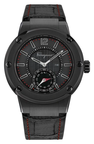 Ferragamo 'f-80 Motion' Leather Strap Smart Watch, 44mm In Black