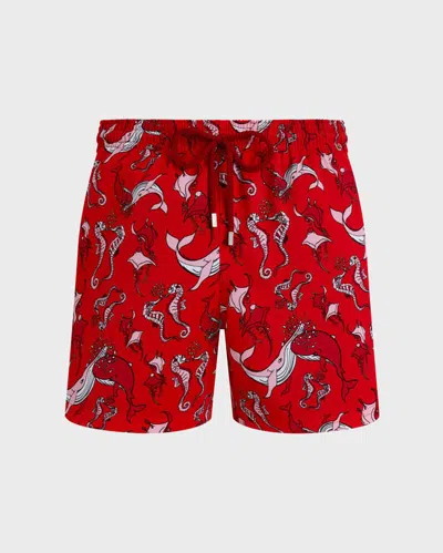 Vilebrequin Whimsical Whales Printed 5.5 Swim Trunks In Red