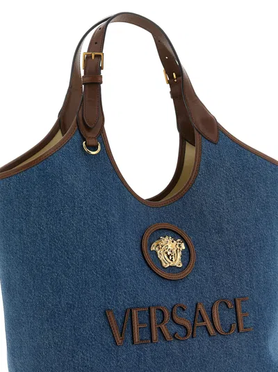Versace La Medusa Medium Leather Top Handle Tote In Blue