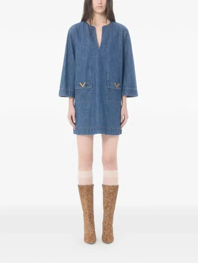Valentino Vlogo Signature Denim Dress Three Quarter Sleeves In Blue
