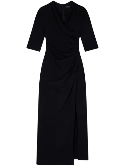 Giorgio Armani Elbow-sleeve Draped Crepe Slit Midi Dress In Black
