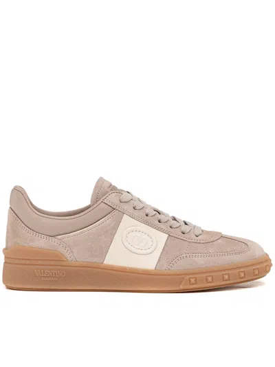 Valentino Leather Sneakers With Panelled Design And Side Stripe Detailing In Nude