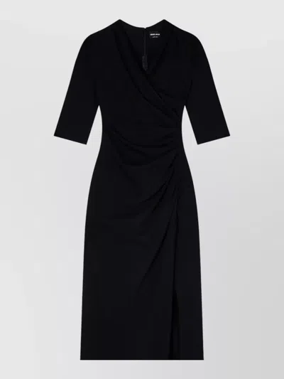 Giorgio Armani Elbow-sleeve Draped Crepe Slit Midi Dress In Black