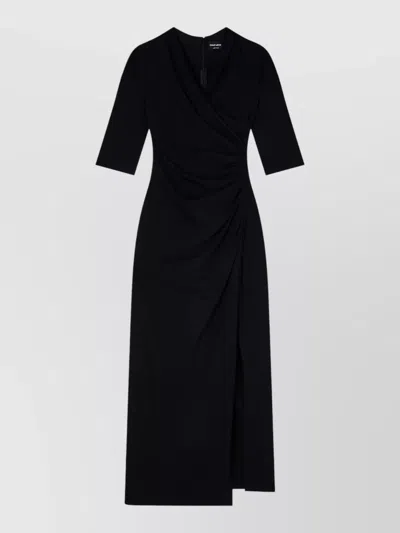 Giorgio Armani Elbow-sleeve Draped Crepe Slit Midi Dress In Black
