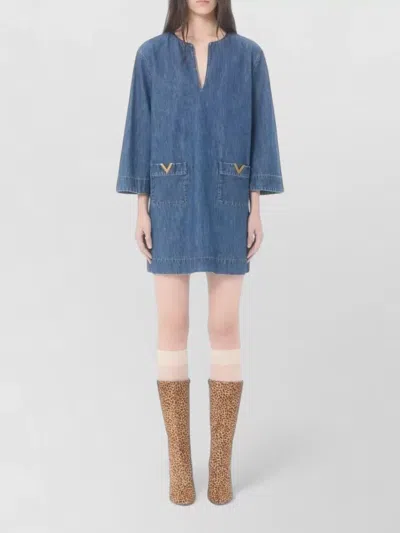 Valentino Vlogo Signature Mini Dress With V-neck And Pockets In Blue