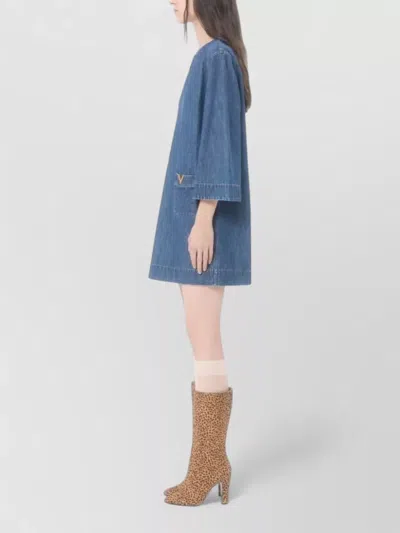 Valentino Vlogo Signature Mini Dress With V-neck And Pockets In Blue