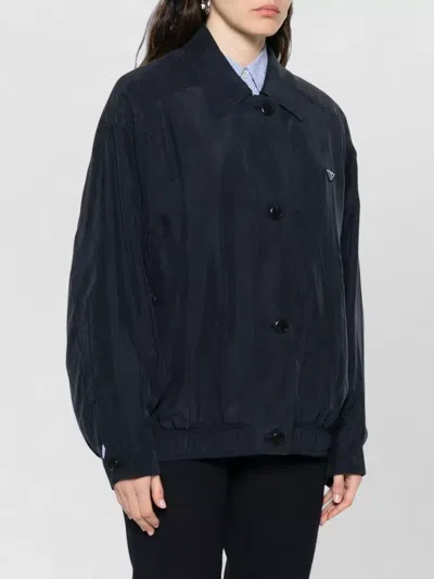 Prada Collared Jacket Long Sleeves Elasticated Hem In Blue