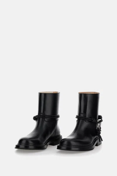 Bottega Veneta Women Black Ankle Boots With Metallic Detail On The Side And Applied Laces In Leather