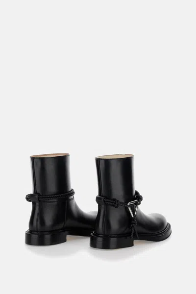 Bottega Veneta Women Black Ankle Boots With Metallic Detail On The Side And Applied Laces In Leather