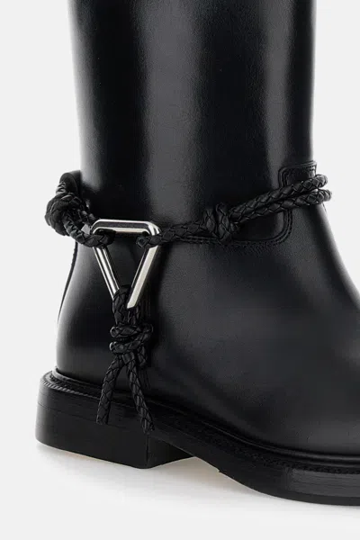 Bottega Veneta Women Black Ankle Boots With Metallic Detail On The Side And Applied Laces In Leather