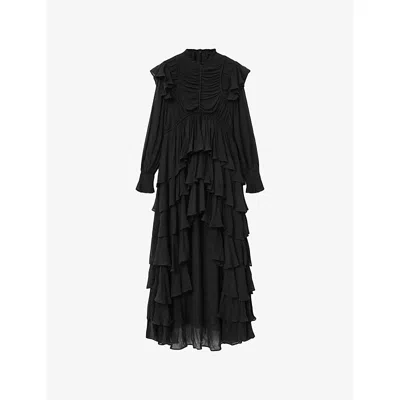 Allsaints Leila Layered Ruffle Long Sleeve High-low Maxi Dress In Black