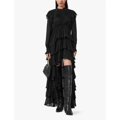 Allsaints Leila Layered Ruffle Long Sleeve High-low Maxi Dress In Black
