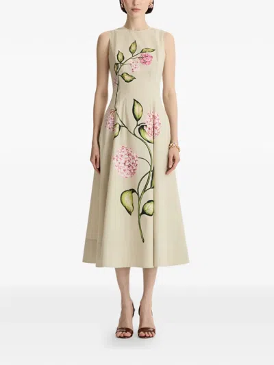 Oscar De La Renta Sleeveless Porcelain Flowers-print Midi Day Dress In Animal Print