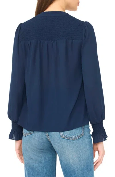 Cece Half Placket Smocked Accent Top In Blue