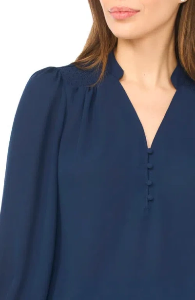 Cece Half Placket Smocked Accent Top In Blue