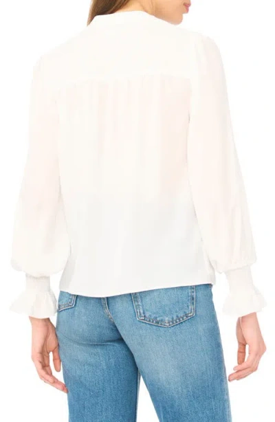 Cece Half Placket Smocked Accent Top In White