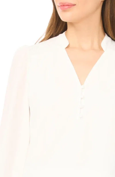 Cece Half Placket Smocked Accent Top In White