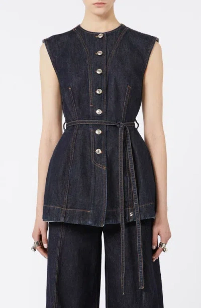 Sportmax Blue Solid Round Neck Top In Black