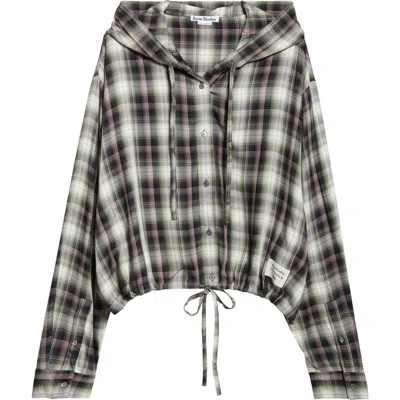 Acne Studios Hooded Nylon Silk Jacket Checked Pattern In Brown
