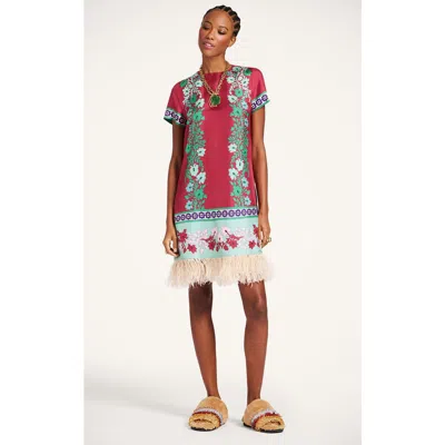 La Doublej Swing Feather-trimmed Printed Silk-twill Mini Dress In Pink