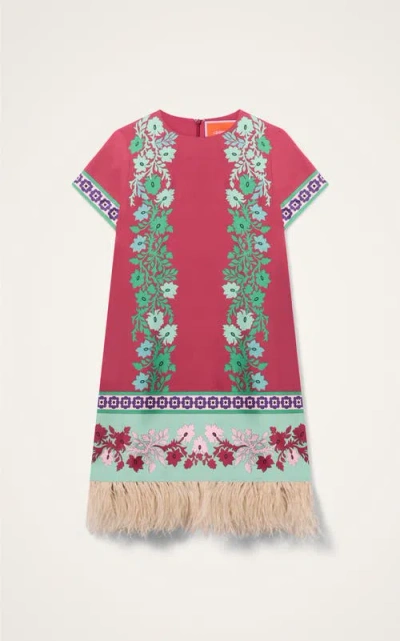 La Doublej Swing Feather-trimmed Printed Silk-twill Mini Dress In Pink