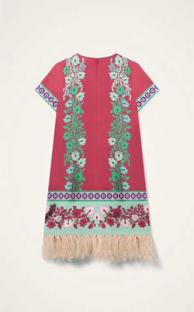 La Doublej Swing Feather-trimmed Printed Silk-twill Mini Dress In Pink