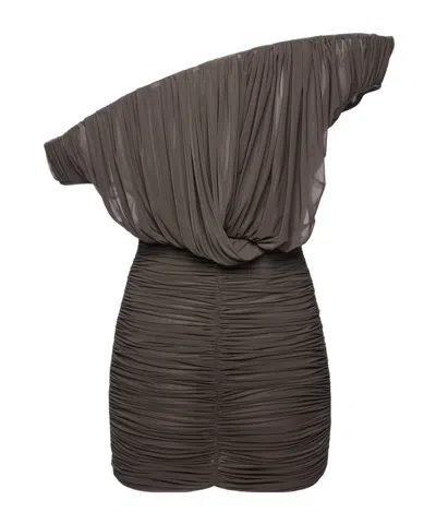 Magda Butrym Sculptural One-shoulder Mini Dress With Rose Petal Detail In Brown