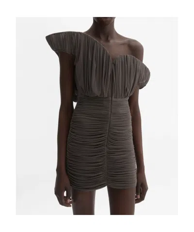 Magda Butrym Sculptural One-shoulder Mini Dress With Rose Petal Detail In Brown