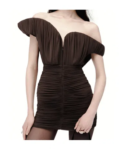 Magda Butrym Sculptural One-shoulder Mini Dress With Rose Petal Detail In Brown