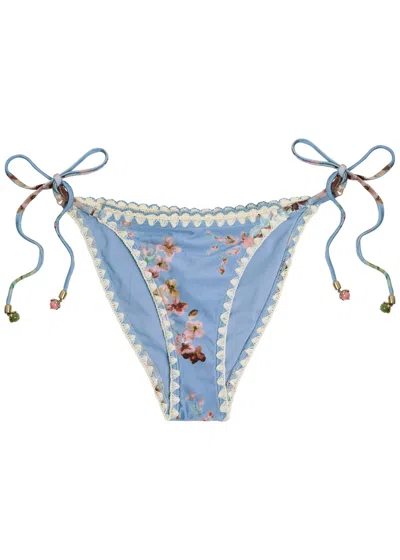 Zimmermann Awaken Crochet-trimmed Embellished Floral-print Bikini Briefs In Blue