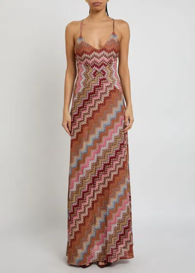 Missoni Multicolor Long Dress With Crossed Shoulder Straps And All-over Zigzag Motif In Viscose Woman In Brown