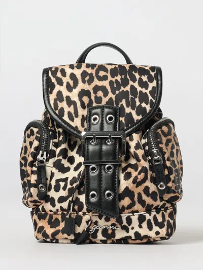 Ganni Mini Leopard Print Drawstring Backpack With Side Zip Pockets In Brown