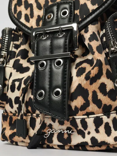 Ganni Mini Leopard Print Drawstring Backpack With Side Zip Pockets In Brown