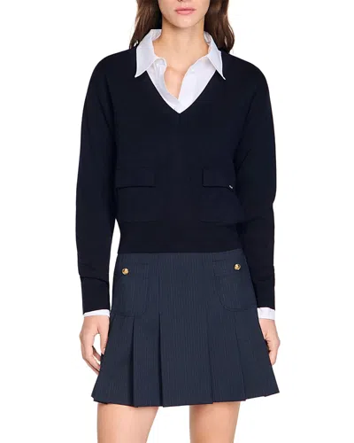 Sandro V-neck Wool Sweater In Blue