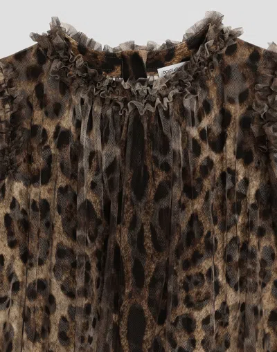 Dolce & Gabbana Leopard-print Ruffled Tulle Dress In Brown