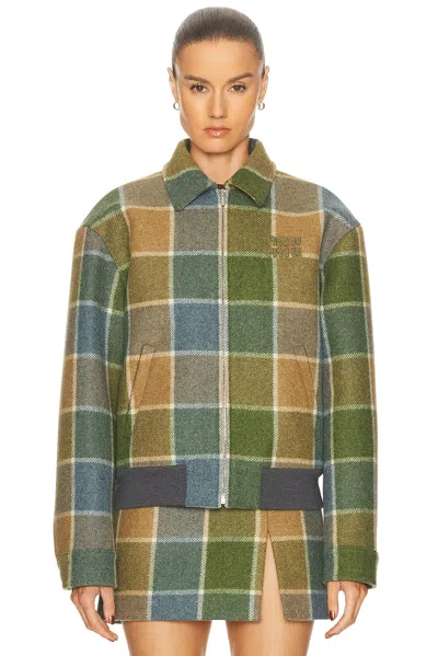 Miu Miu Windowpane Check Wool Zip Jacket In Brown