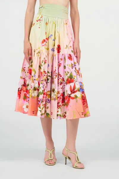 Roberto Cavalli Miami Flowers High Waist Tiered Midi Skirt In Multi