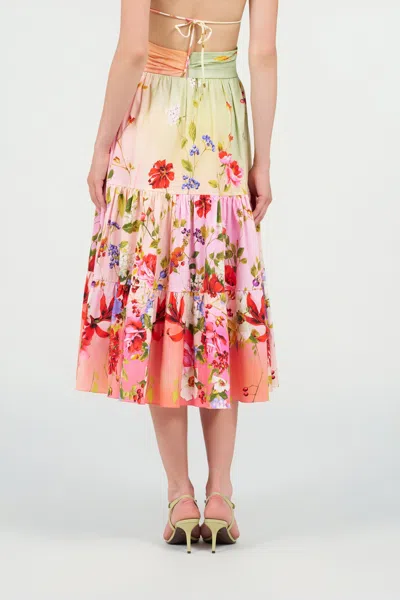Roberto Cavalli Miami Flowers High Waist Tiered Midi Skirt In Multi