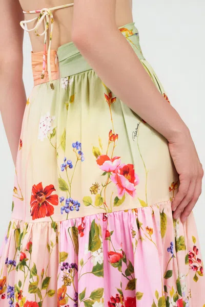 Roberto Cavalli Miami Flowers High Waist Tiered Midi Skirt In Multi